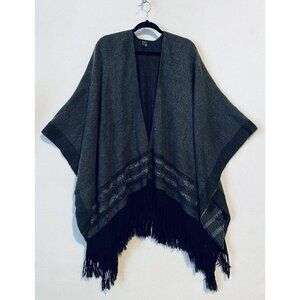 Roots Womens One Size Gray Poncho Shawl Wrap Fair Isle Fringe Winter Boho Cozy